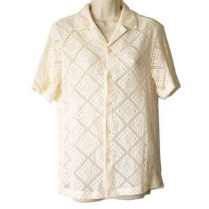 H&M Button Down Crochet Lace Blouse Shirt XS Cream Diamond Pattern